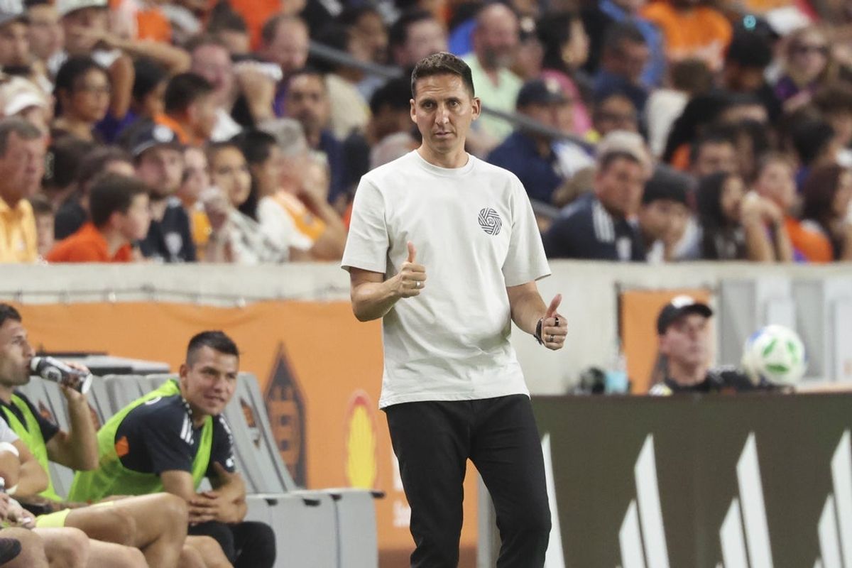 Oct 4, 2025; Houston, Texas, USA; San Diego FC head coach Mikey Varas gives a thumbs up during the second half against the Houston Dynamo FC at Shell Energy Stadium. Mandatory Credit: Troy Taormina-Imagn Images
