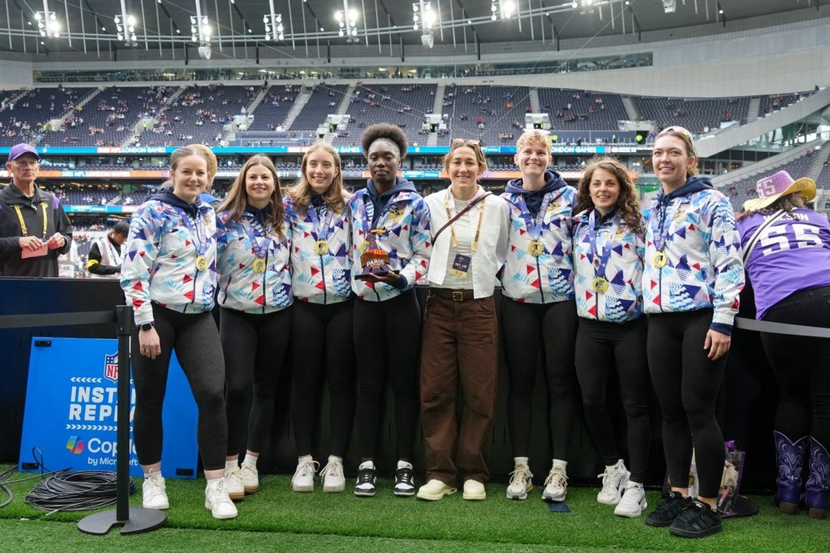 Oct 5, 2025; Tottenham, United Kingdom; Members of the Great Britain IFAF European flag football world champions team pose for a photo before an NFL International Series game between the Minnesota Vikings and the Cleveland Browns at Tottenham Hotspur Stadium. Mandatory Credit: Kirby Lee-Imagn Images
