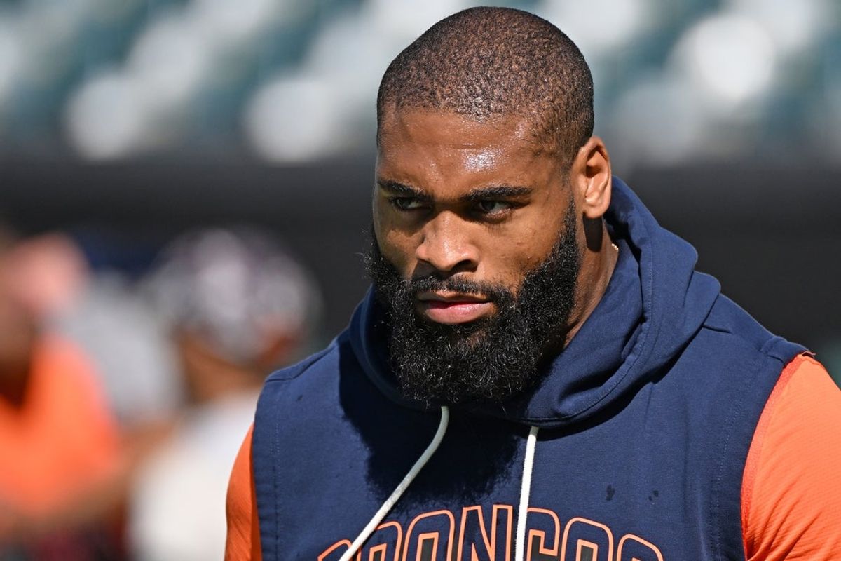 Oct 5, 2025; Philadelphia, Pennsylvania, USA; Denver Broncos  linebacker Jonathon Cooper (0) during warmups against the Philadelphia Eagles at Lincoln Financial Field. Mandatory Credit: Eric Hartline-Imagn Images
