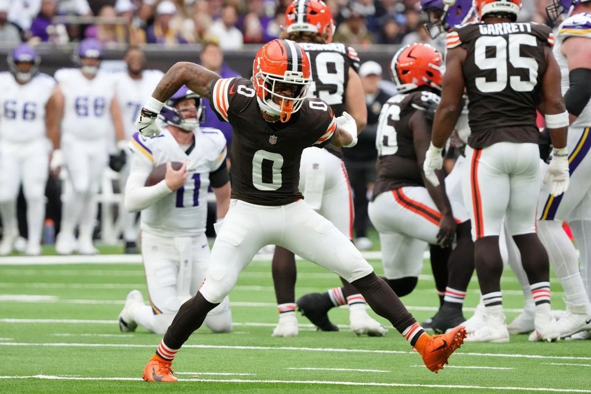 Oct 5, 2025; Tottenham, United Kingdom; Cleveland Browns cornerback Greg Newsome II (0) celebrates after a play against the Minnesota Vikings during the fourth quarter of an NFL International Series game at Tottenham Hotspur Stadium. Mandatory Credit: Kirby Lee-Imagn Images