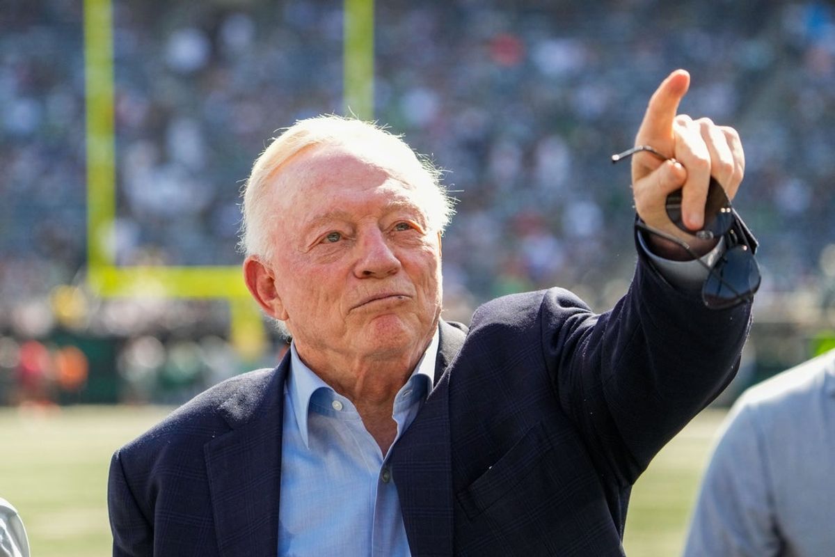 Oct 5, 2025; East Rutherford, New Jersey, USA;  Dallas Cowboys Owner, President and general manager Jerry Jones stands on the field prior to a game against the New York Jets  at MetLife Stadium. Mandatory Credit: Robert Deutsch-Imagn Images
