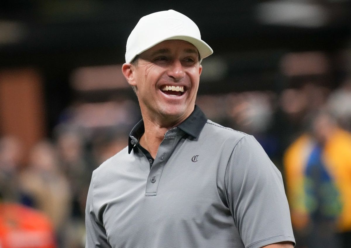 Oct 5, 2025; New Orleans, Louisiana, USA; Former New Orleans Saints quarterback Drew Brees smiles prior to the game against the New York Giants at Caesars Superdome. Mandatory Credit: Matthew Hinton-Imagn Images