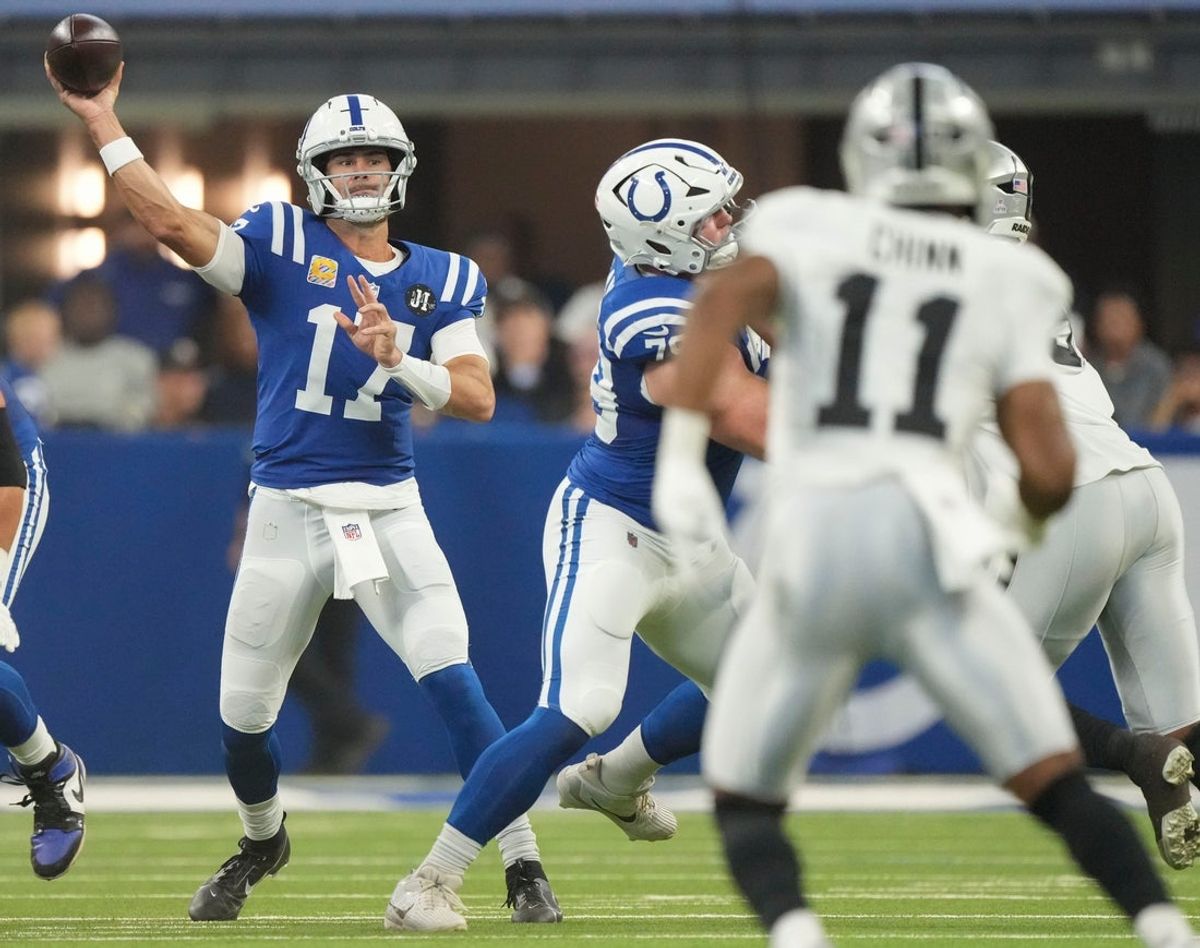 Indianapolis Colts quarterback Daniel Jones (17) throws Sunday, Oct. 5, 2025, during a game against the Las Vegas Raiders at Lucas Oil Stadium in Indianapolis.