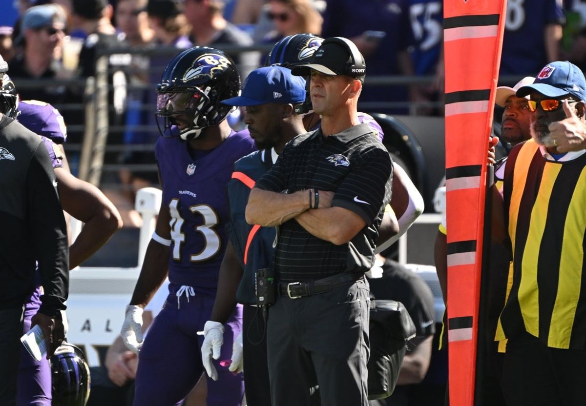 Oct 5, 2025; Baltimore, Maryland, USA; Baltimore Ravens head coach John Harbaugh stands on the sidelines during the third quarter against the Houston Texans at M&T Bank Stadium. Mandatory Credit: Rafael Suanes-Imagn Images