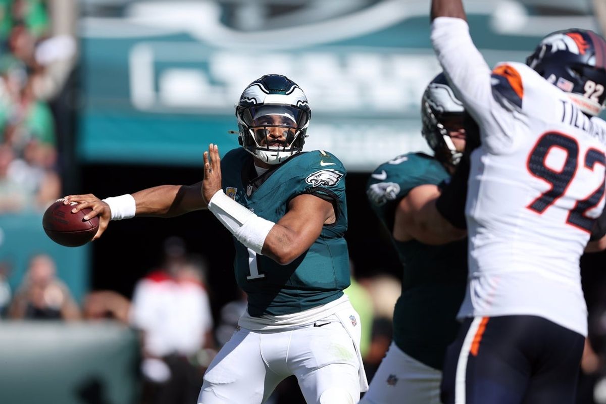 Oct 5, 2025; Philadelphia, Pennsylvania, USA; Philadelphia Eagles quarterback Jalen Hurts (1) passes against the Denver Broncos in the second quarter at Lincoln Financial Field. Mandatory Credit: Bill Streicher-Imagn Images