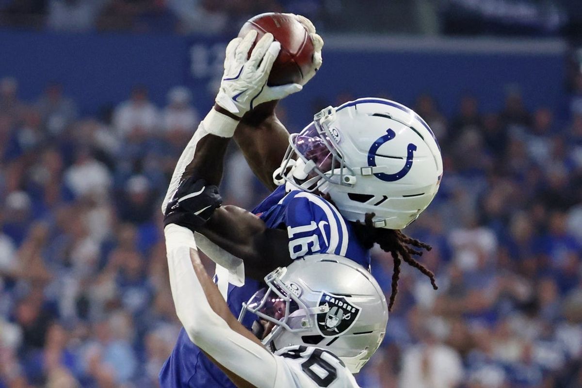 Oct 5, 2025; Indianapolis, Indiana, USA; Indianapolis Colts wide receiver Ashton Dulin (16) is unable to make a catch against Las Vegas Raiders cornerback Kyu Blu Kelly (36) during the second half at Lucas Oil Stadium. Mandatory Credit: Trevor Ruszkowski-Imagn Images