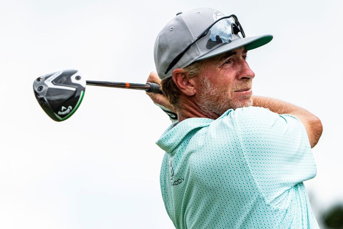 Vince Covello follows through with a swing during the final round of the Sanderson Farms Championship at the Country Club of Jackson in Jackson, Miss., on Sunday, Oct. 5, 2025.