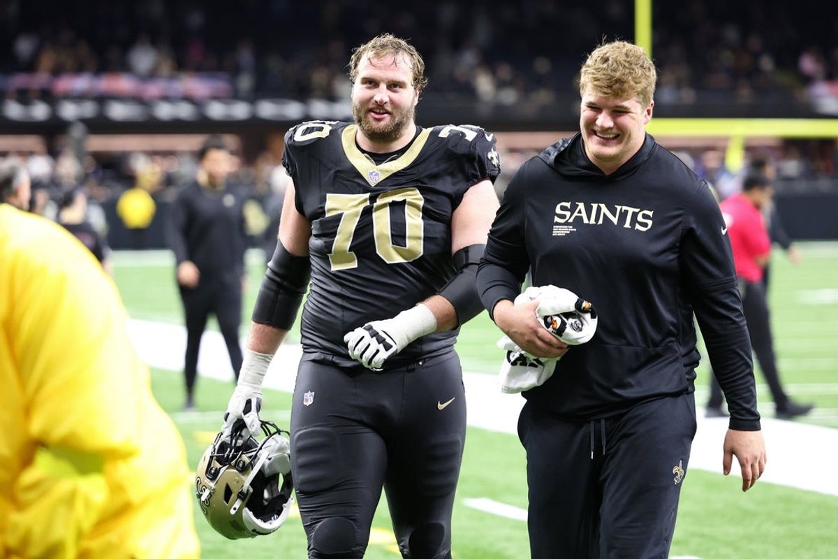 Oct 5, 2025; New Orleans, Louisiana, USA; New Orleans Saints offensive tackle Trevor Penning (70) walks off the field after their win against the New York Giants at Caesars Superdome. Mandatory Credit: Stephen Lew-Imagn Images