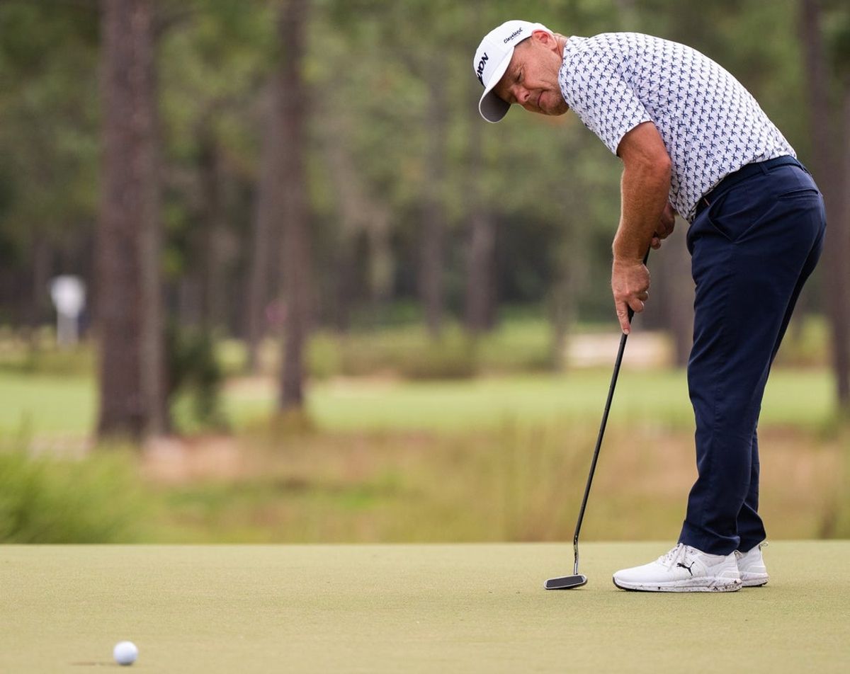 Soren Kjeldsen reacts to missing a birdie putt on 12 during the final round of the Furyk & Friends PGA Tour Champions event held at Timuquana Country Club in Jacksonville, Fl., Sunday October 5, 2025. Tommy Gainey won the tournament by shooting -14. Cameron Percy placed second with -12. [Doug Engle/Florida Times-Union]