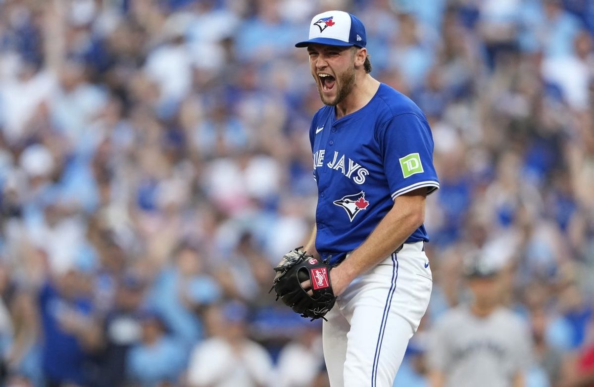 Oct 5, 2025; Toronto, Ontario, CAN; Toronto Blue Jays pitcher Trey Yesavage (39) reacts after a strikeout in the fourth inning against the New York Yankees during game two of the ALDS round for the 2025 MLB playoffs at Rogers Centre. Mandatory Credit: Kevin Sousa-Imagn Images