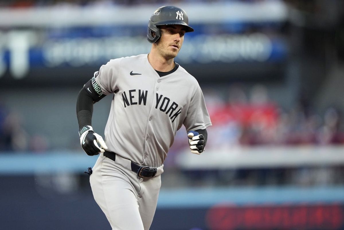 Oct 5, 2025; Toronto, Ontario, CAN; New York Yankees left fielder Cody Bellinger (35) rounds the bases after hitting a home run in the sixth inning against the Toronto Blue Jays during game two of the ALDS round for the 2025 MLB playoffs at Rogers Centre. Mandatory Credit: Kevin Sousa-Imagn Images