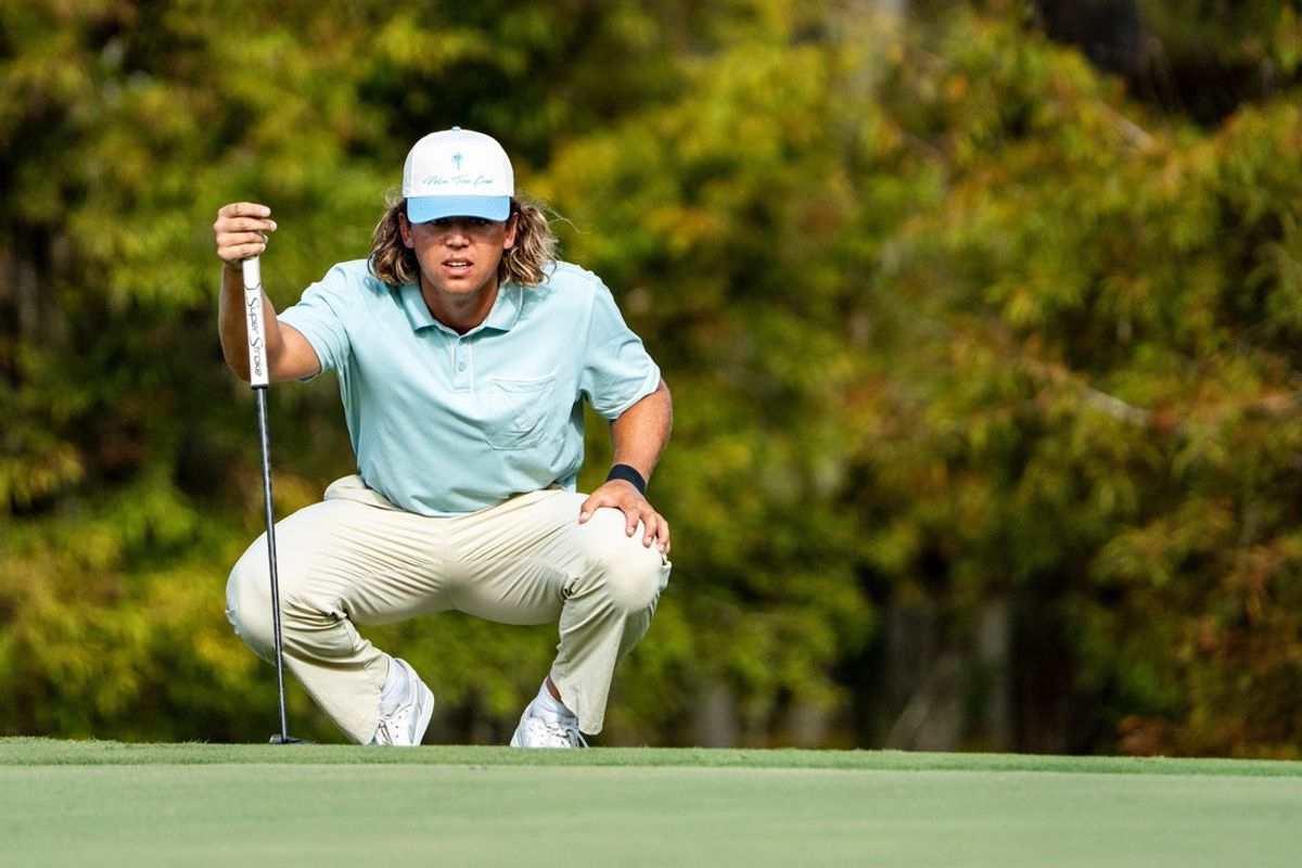 Garrick Higgo looks over a green during the final round of the Sanderson Farms Championship at the Country Club of Jackson in Jackson, Miss., on Sunday, Oct. 5, 2025.