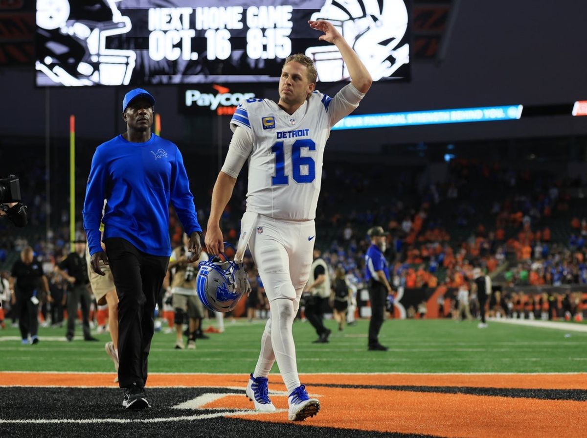 Oct 5, 2025; Cincinnati, Ohio, USA; Detroit Lions quarterback Jared Goff (16) salutes the fans following the game against the Cincinnati Bengals at Paycor Stadium. Mandatory Credit: Katie Stratman-Imagn Images