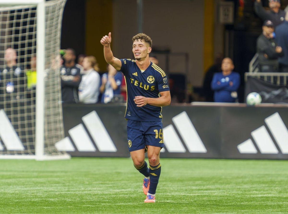 Oct 5, 2025; Vancouver, British Columbia, CAN; Vancouver Whitecaps FC midfielder Sebastian Berhalter (16) celebrates his goal against the San Jose Earthquakes in the second half at BC Place. Mandatory Credit: Christopher Morris-Imagn Images
