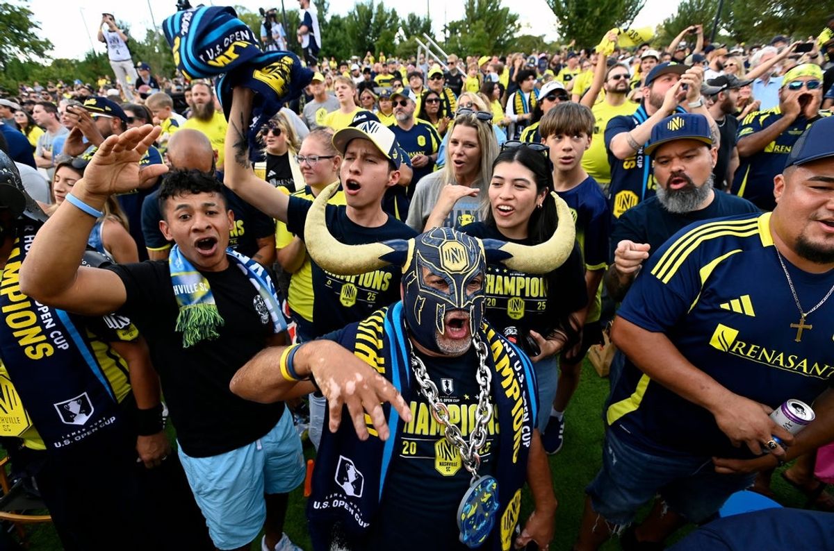 Nashville SC fans cheer and chant before the start of the U.S. Open Cup trophy celebration at Geodis Park Sunday, Oct. 5, 2025, in Nashville, Tenn. Nashville SC defeated Austin FC 2-1 in the Lamar Hunt U.S. Open Cup final to win their first championship.