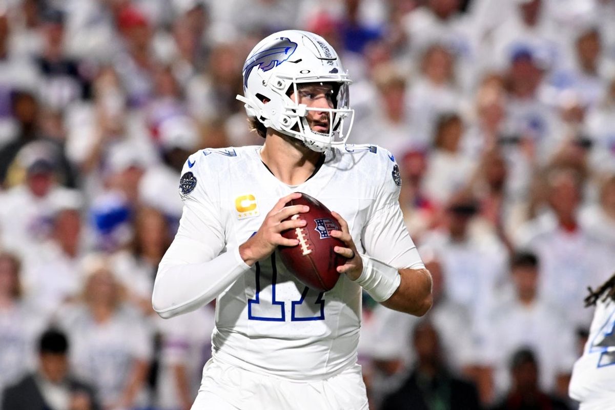 Oct 5, 2025; Orchard Park, New York, USA; Buffalo Bills quarterback Josh Allen (17) drops back to pass against the New England Patriots during the first half at Highmark Stadium. Mandatory Credit: Mark Konezny-Imagn Images