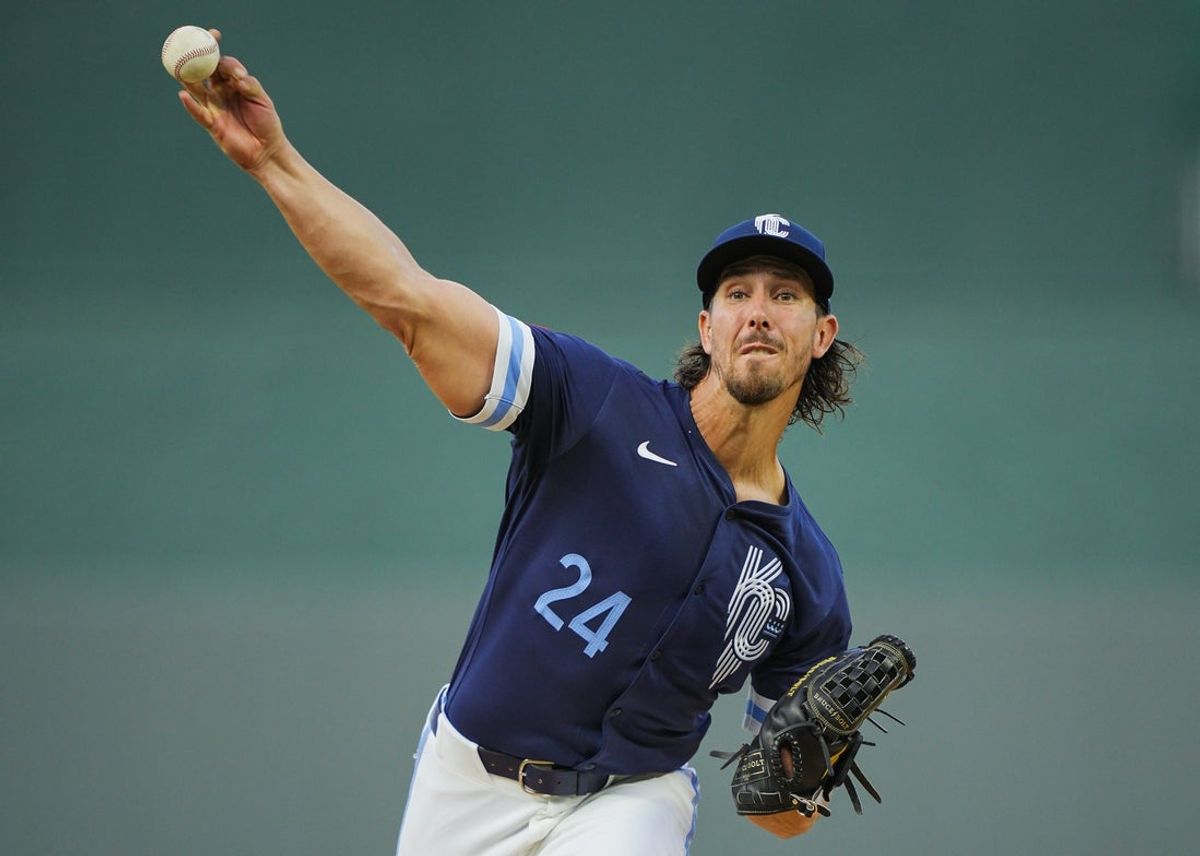 Sep 19, 2025; Kansas City, Missouri, USA; Kansas City Royals pitcher Michael Lorenzen (24) pitches during the first inning against the Toronto Blue Jays at Kauffman Stadium. Mandatory Credit: Jay Biggerstaff-Imagn Images
