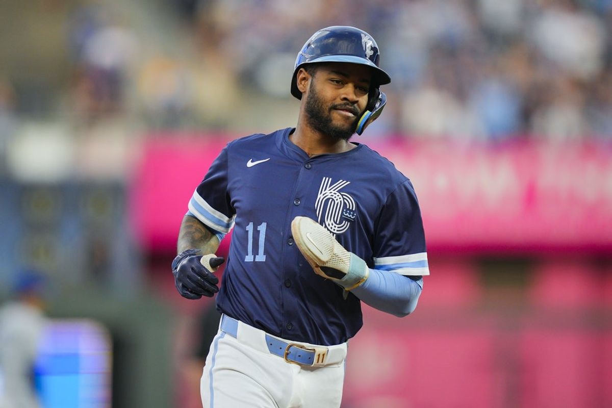 Sep 19, 2025; Kansas City, Missouri, USA; Kansas City Royals third baseman Maikel Garcia (11) runs to third base during the first inning against the Toronto Blue Jays at Kauffman Stadium. Mandatory Credit: Jay Biggerstaff-Imagn Images