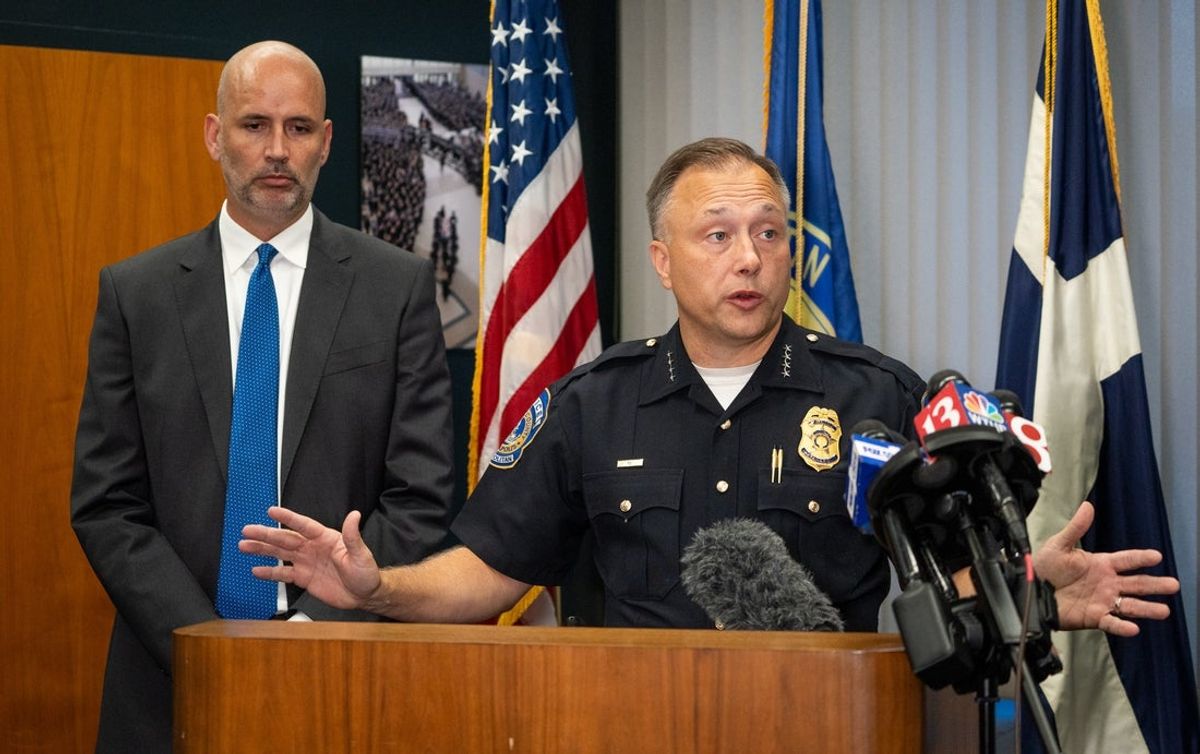 IMPD Chief Chris Bailey and Marion County Prosecutor Ryan Mears discuss the weekend's downtown stabbing investigation Monday, Oct. 6, 2025, during a press conference inside the City-County Building in Indianapolis. Fox Sports analyst Mark Sanchez, 38, is facing charges for his alleged role in the altercation.