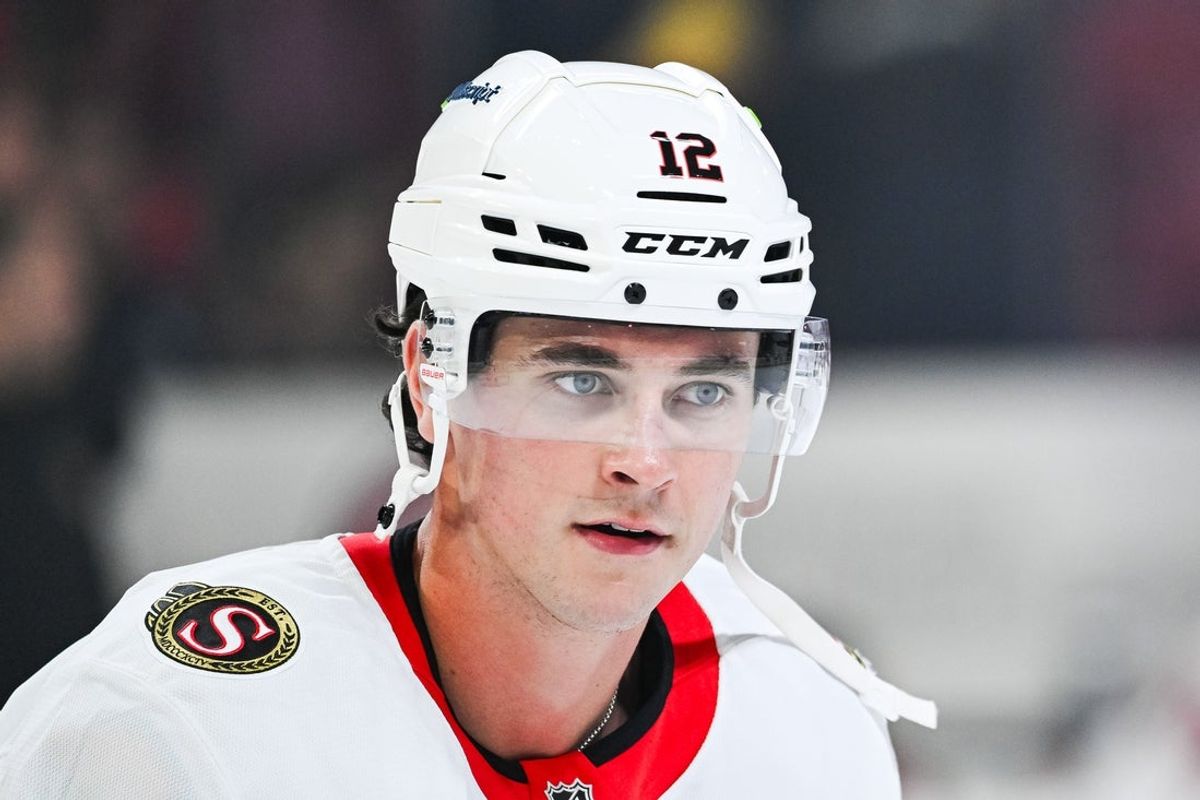 Oct 4, 2025; Montreal, Quebec, CAN; Ottawa Senators center Shane Pinto (12) looks on during warm-up before the game against the Montreal Canadiens at Bell Centre. Mandatory Credit: David Kirouac-Imagn Images