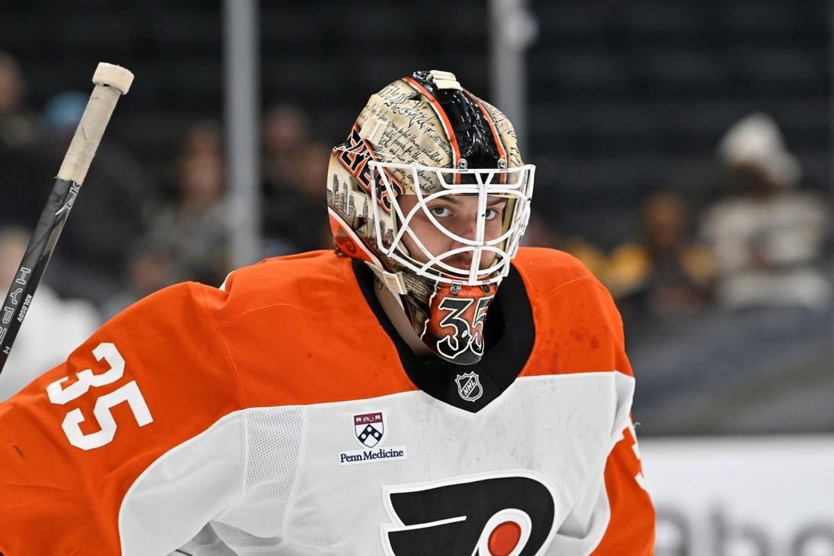 Sep 29, 2025; Boston, Massachusetts, USA;  Philadelphia Flyers goaltender Aleksei Kolosov (35) warms up before a game against the Boston Bruins at TD Garden. Mandatory Credit: Eric Canha-Imagn Images
