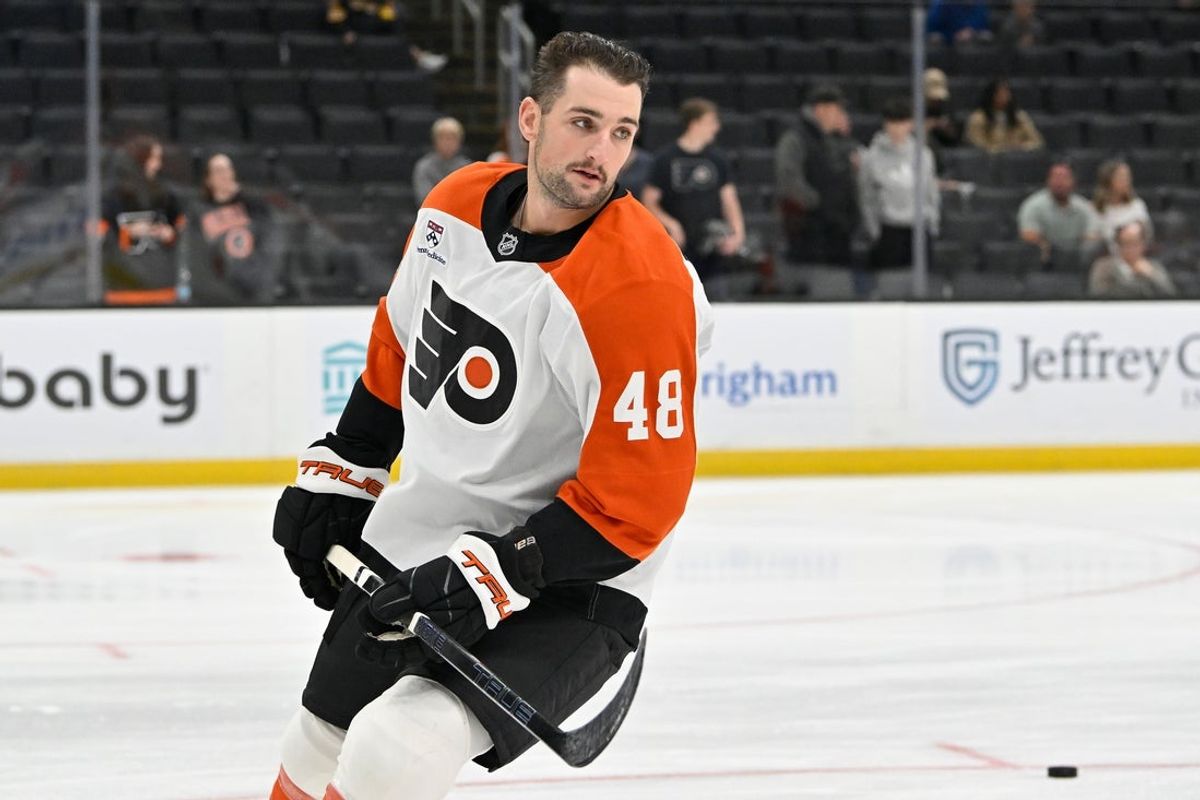 Sep 29, 2025; Boston, Massachusetts, USA;  Philadelphia Flyers forward Dennis Gilbert (48) warms up before a game against the Boston Bruins at TD Garden. Mandatory Credit: Eric Canha-Imagn Images
