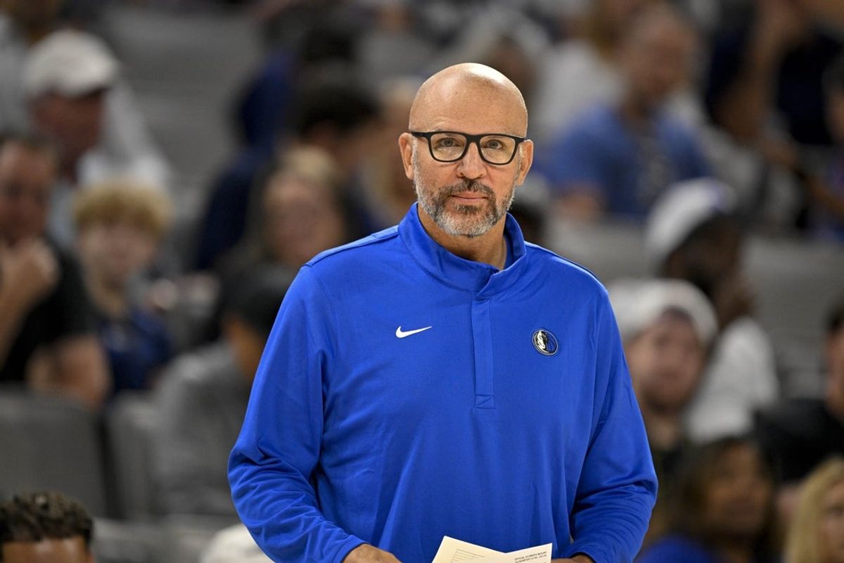 Oct 6, 2025; Fort Worth, Texas, USA; Dallas Mavericks Head Coach Jason Kidd looks on during the first quarter against the Oklahoma City Thunder at Dickie's Arena. Mandatory Credit: Jerome Miron-Imagn Images