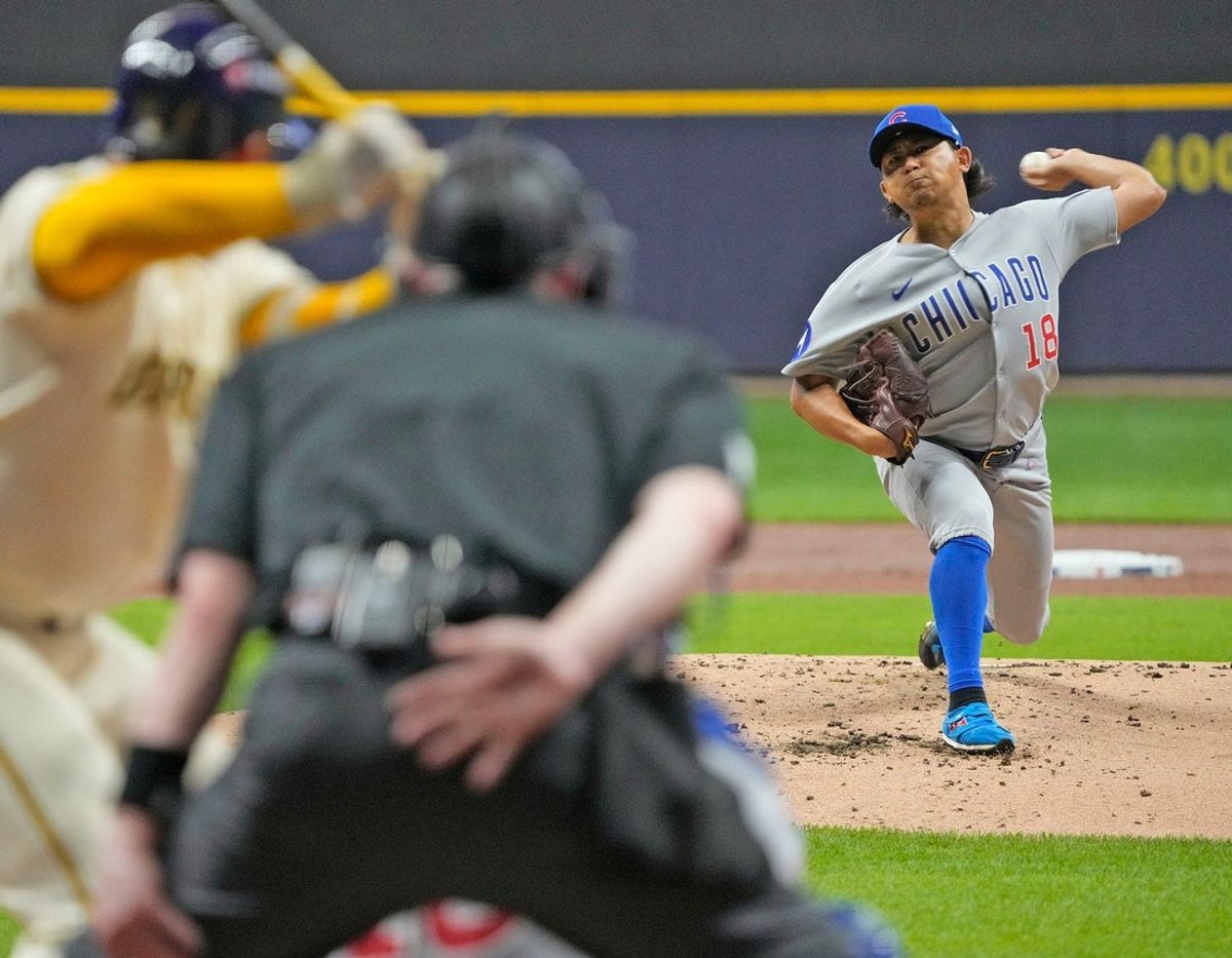 Chicago Cubs pitcher Shota Imanaga (18) pitches to Milwaukee Brewers catcher William Contreras (24) during the first inning of the National League Division Series game at American Family Field in Milwaukee, Wisconsin on Oct. 6, 2025.