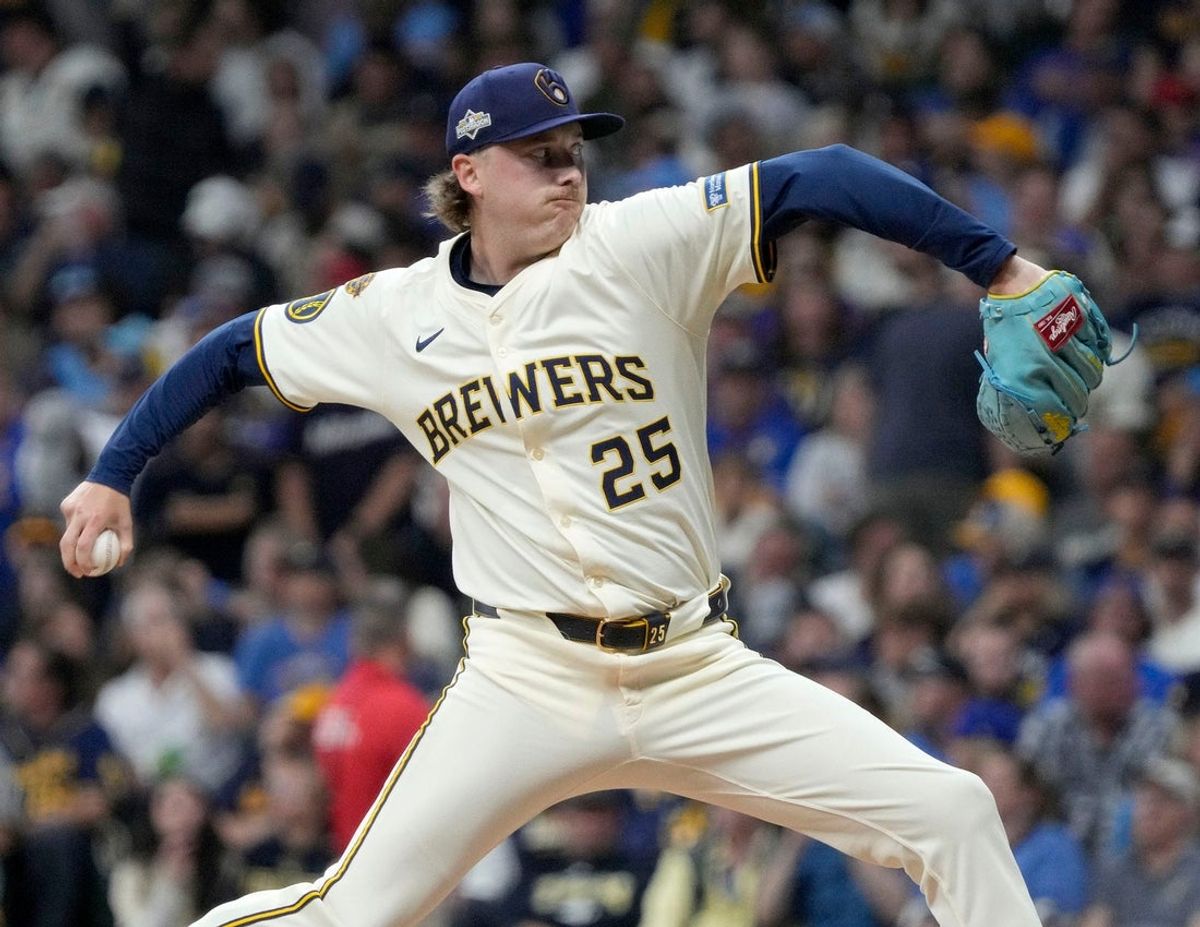 Milwaukee Brewers pitcher Nick Mears (25) pitches during the second inning of the National League Division Series game at American Family Field in Milwaukee, Wisconsin on Oct. 6, 2025.