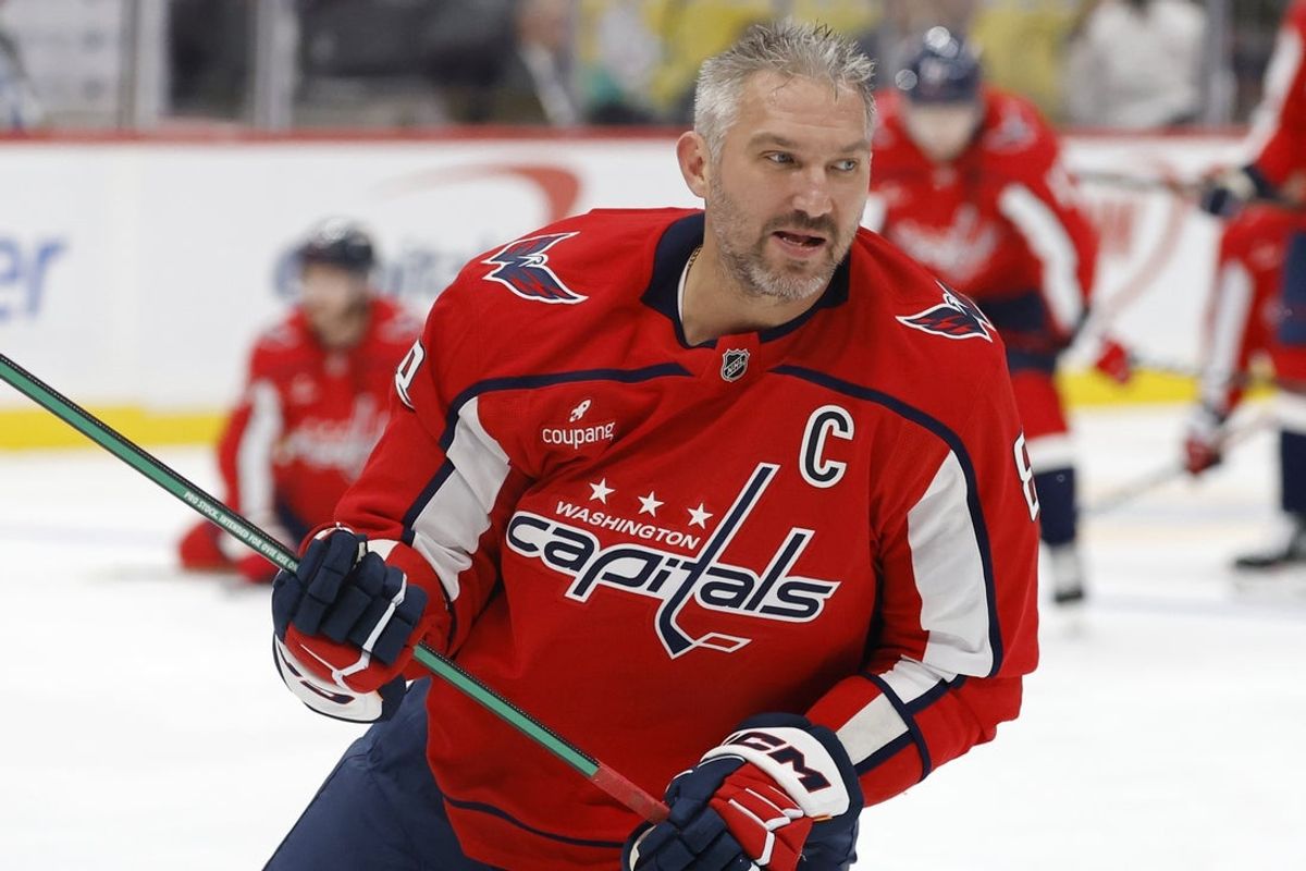 Oct 4, 2025; Washington, District of Columbia, USA; Washington Capitals left wing Alex Ovechkin (8) during warmups prior to the game against the Columbus Blue Jackets at Capital One Arena. Mandatory Credit: Geoff Burke-Imagn Images