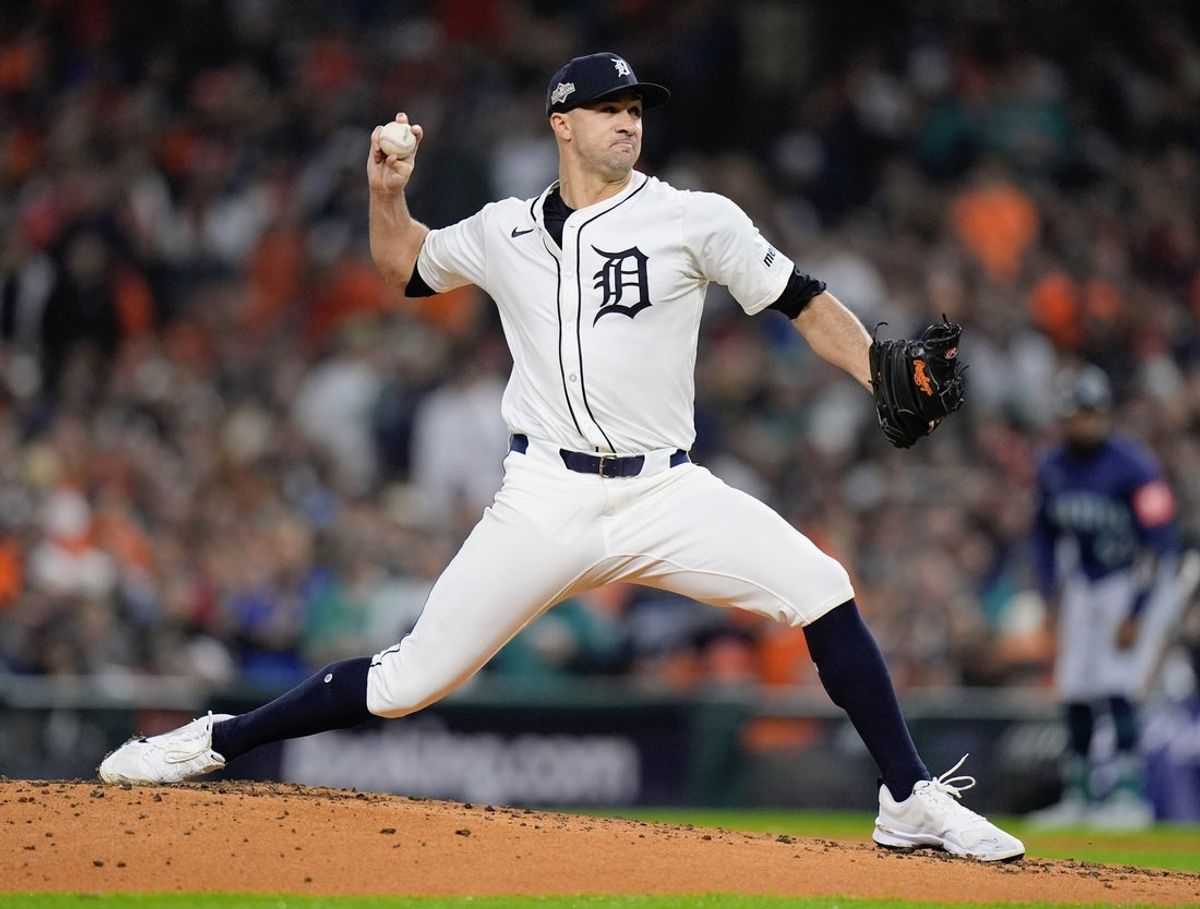 Tigers pitcher Jack Flaherty throws against Mariners during the second inning of ALDS Game 3 at Comerica Park in Detroit on Tuesday, Oct. 7, 2025.
