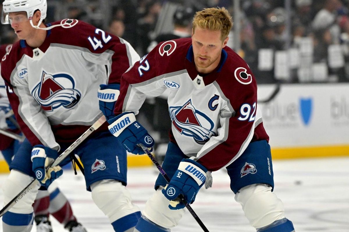Oct 7, 2025; Los Angeles, California, USA;  Colorado Avalanche left wing Gabriel Landeskog (92) warms up prior to the game against the Los Angeles Kings at Crypto.com Arena. Mandatory Credit: Jayne Kamin-Oncea-Imagn Images