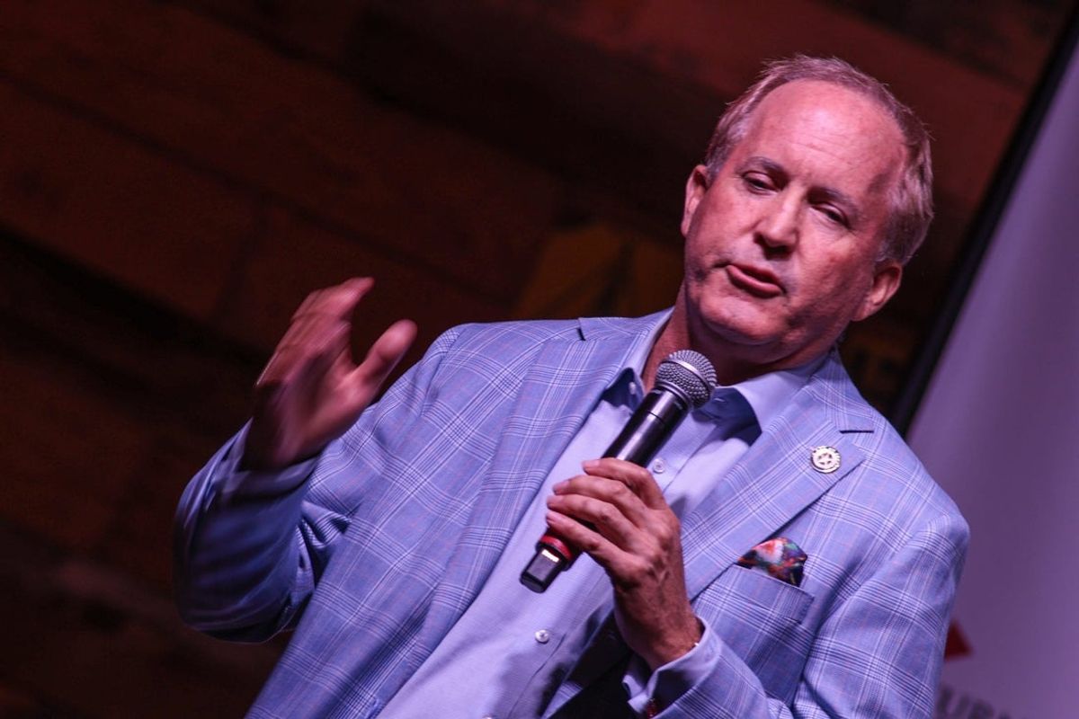 Texas Attorney General Ken Paxton speaks at Texas Tech University's chapter of Turning Point USA's event for speakers at Cook's Garage in Lubbock, Texas, Oct. 7, 2025.