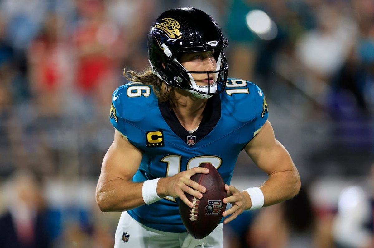 Jacksonville Jaguars quarterback Trevor Lawrence (16) rolls from the pocket during the first quarter of an NFL football matchup at EverBank Stadium, Monday, Oct. 6, 2025, in Jacksonville, Fla. The Jacksonville Jaguars edged the Kansas City Chiefs 31-28. [Corey Perrine/Florida Times-Union]