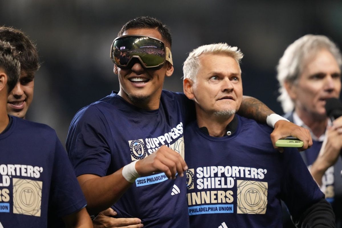 Oct 4, 2025; Chester, Pennsylvania, USA; Philadelphia Union midfielder Jesus Bueno (8) looks on with head coach Bradley Carnell after the game against New York City FC at Subaru Park. Mandatory Credit: Kyle Ross-Imagn Images