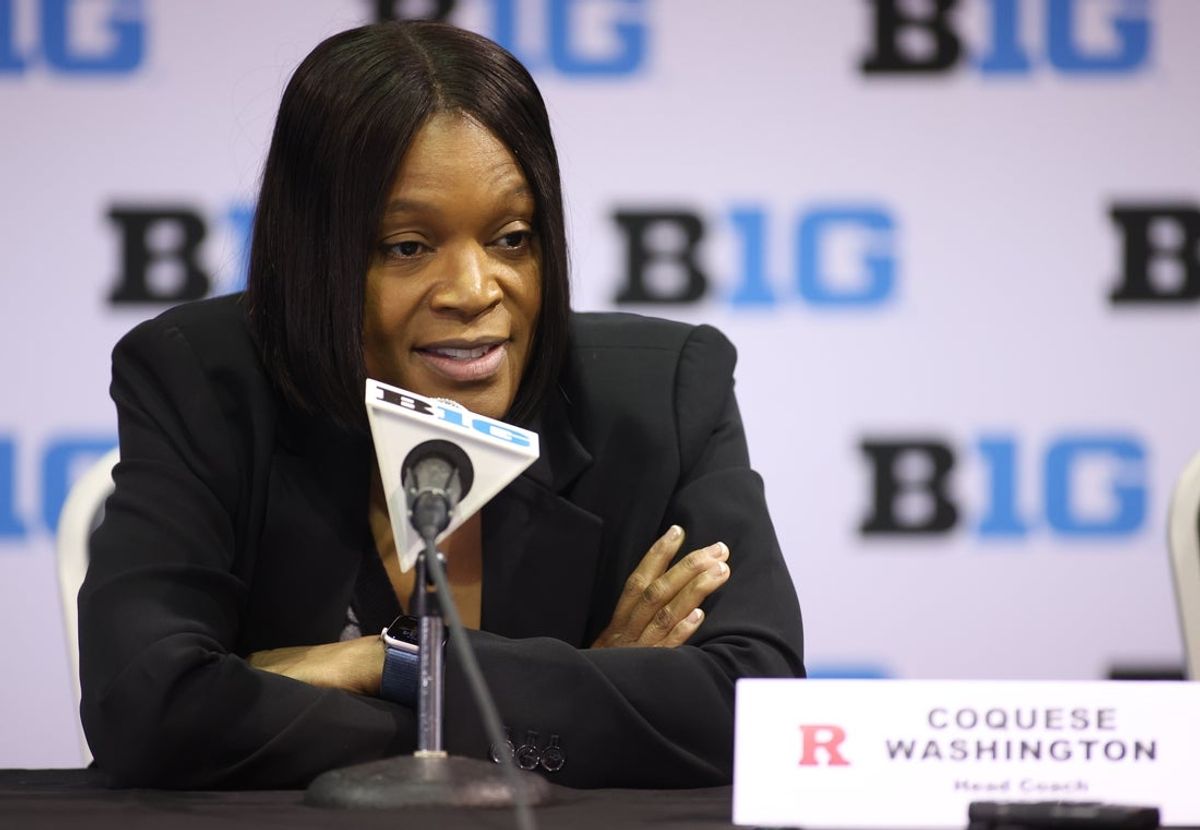 Oct 8, 2025; Rosemont, Illinois, USA; Rutgers Head Coach Coquese Washington speaks during Big Ten Women’s Basketball Media Days at the Donald E. Stephens Convention Center. Mandatory Credit: Talia Sprague-Imagn Images