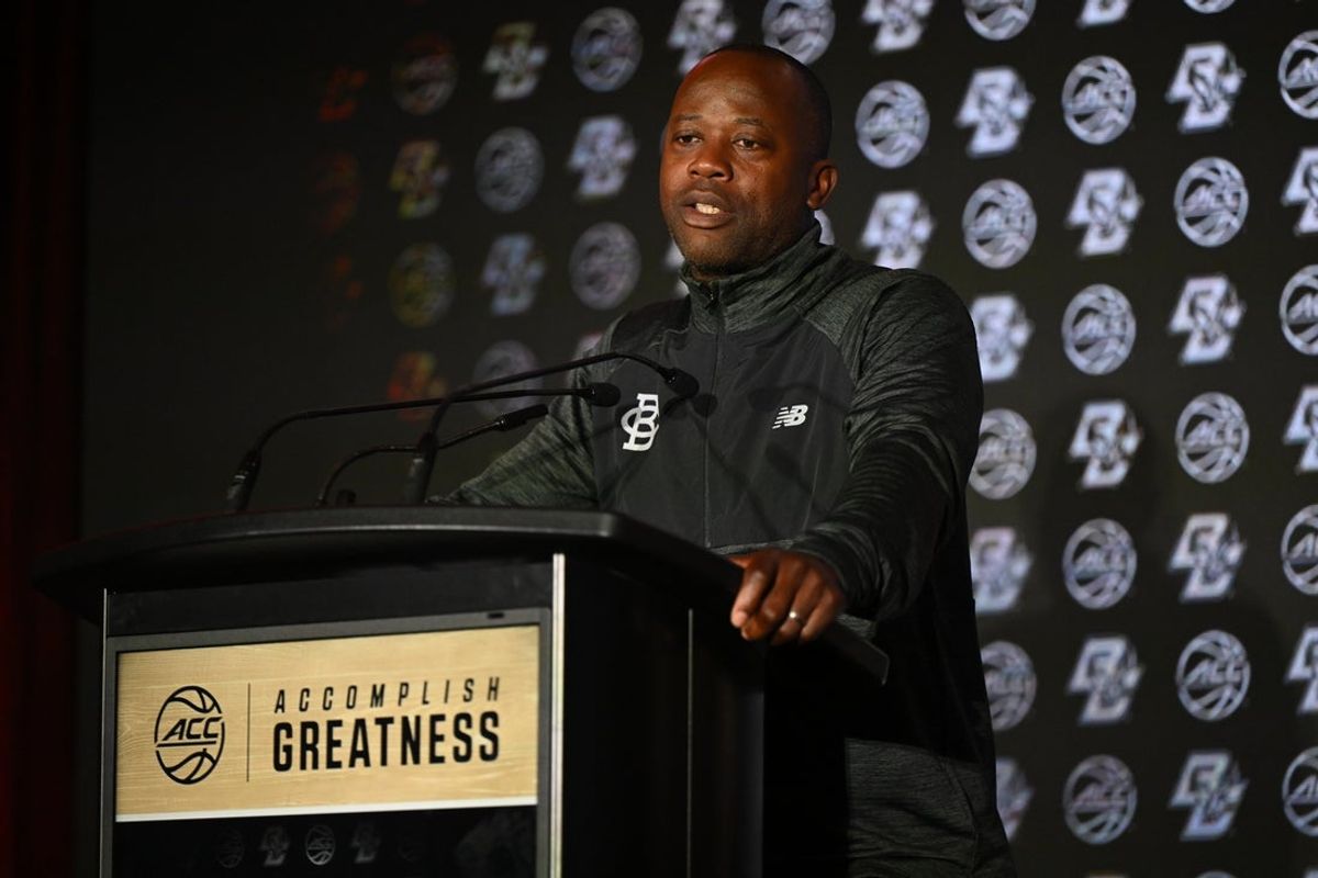 Oct 8, 2025; Charlotte, NC, USA; Boston College head coach Earl Grant answers questions from the media at The Hilton Charlotte Uptown. Mandatory Credit: William Howard-Imagn Images