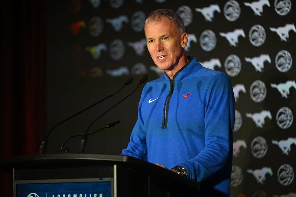 Oct 8, 2025; Charlotte, NC, USA; SMU head coach Andy Enfield answers questions from the media at The Hilton Charlotte Uptown. Mandatory Credit: William Howard-Imagn Images