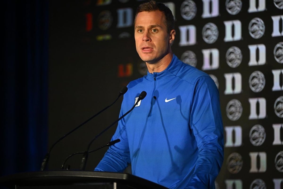 Oct 8, 2025; Charlotte, NC, USA; Duke head coach Jon Scheyer answers questions from the media at The Hilton Charlotte Uptown. Mandatory Credit: William Howard-Imagn Images