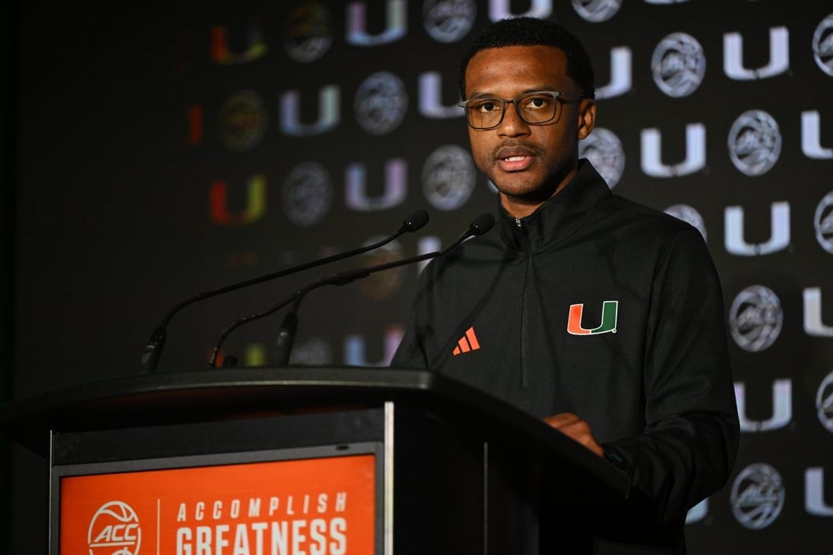 Oct 8, 2025; Charlotte, NC, USA; Miami head coach Jai Lucas answers questions from the media at The Hilton Charlotte Uptown. Mandatory Credit: William Howard-Imagn Images