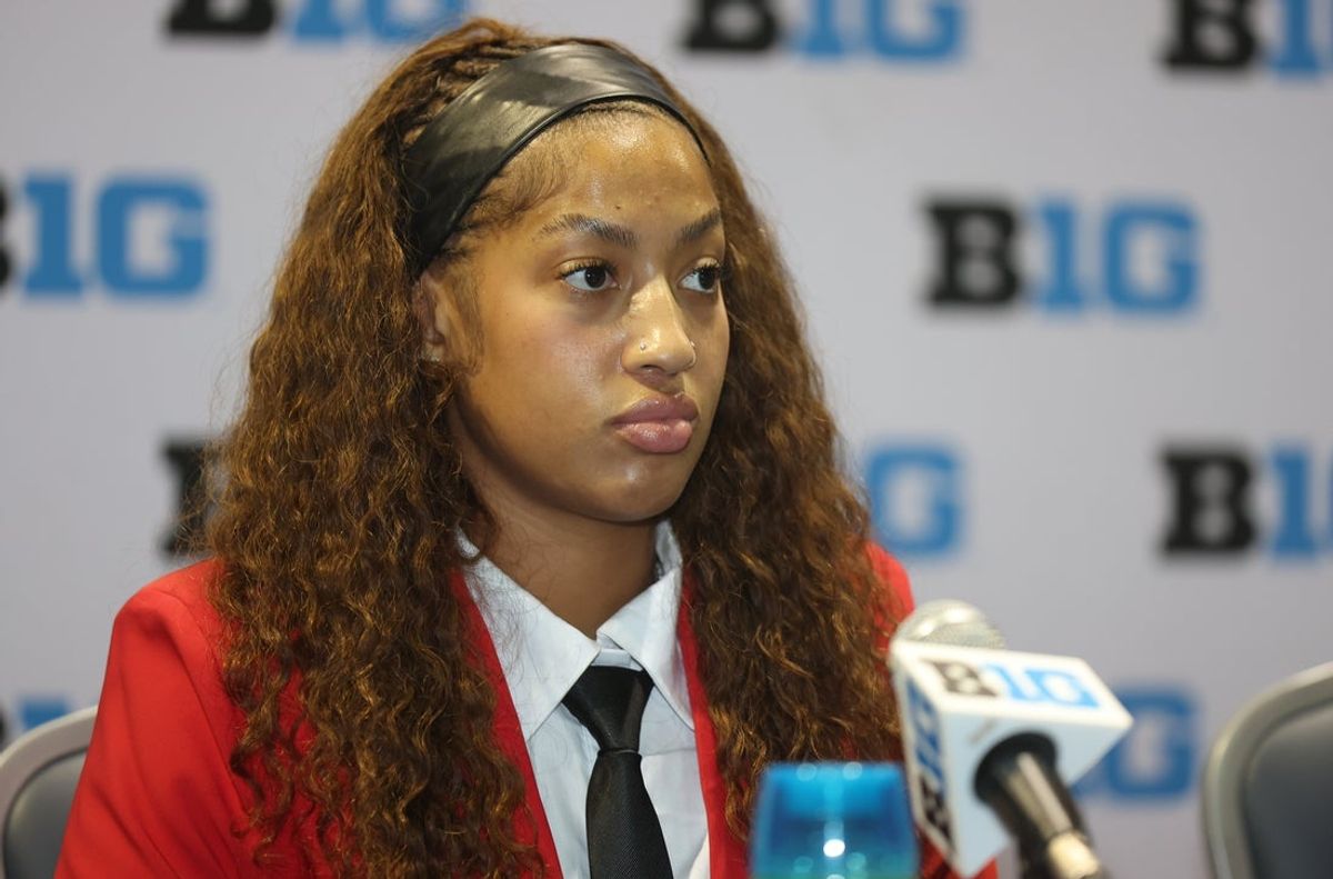 Oct 8, 2025; Rosemont, Illinois, USA; Maryland’s Kaylene Smikle speaks during Big Ten Women’s Basketball Media Days at the Donald E. Stephens Convention Center. Mandatory Credit: Talia Sprague-Imagn Images