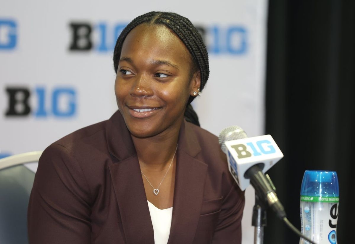 Oct 8, 2025; Rosemont, Illinois, USA; Washington’s Sayvia Sellers speaks during Big Ten Women’s Basketball Media Days at the Donald E. Stephens Convention Center. Mandatory Credit: Talia Sprague-Imagn Images