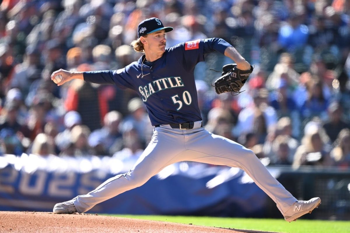Oct 8, 2025; Detroit, Michigan, USA; Seattle Mariners pitcher Bryce Miller (50) throws to the plate in the first inning during game four of the ALDS round for the 2025 MLB playoffs against the Detroit Tigers at Comerica Park. Mandatory Credit: Lon Horwedel-Imagn Images