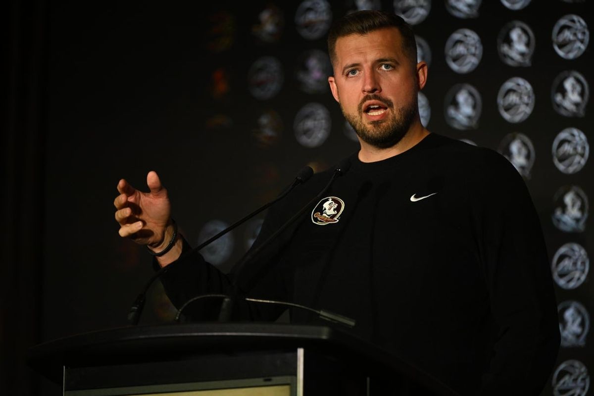 Oct 8, 2025; Charlotte, NC, USA; Florida State head coach Luke Loucks answers questions from the media at The Hilton Charlotte Uptown. Mandatory Credit: William Howard-Imagn Images