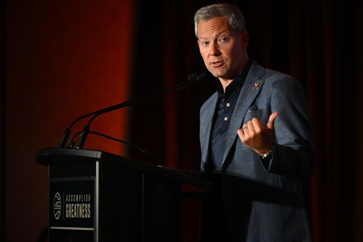 Oct 8, 2025; Charlotte, NC, USA; Virginia head coach Ryan Odom answers questions from the media at The Hilton Charlotte Uptown. Mandatory Credit: William Howard-Imagn Images