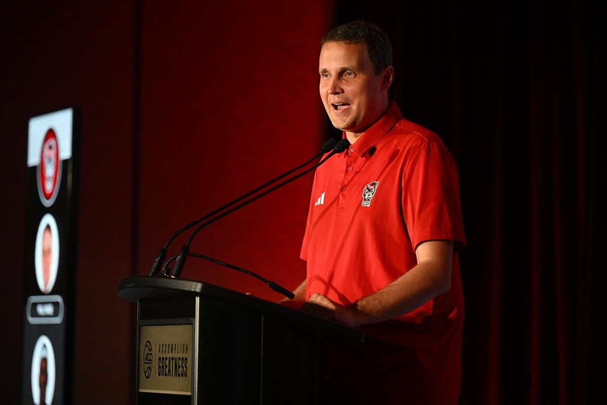 Oct 8, 2025; Charlotte, NC, USA; NC State head coach Will Wade answers questions from the media at The Hilton Charlotte Uptown. Mandatory Credit: William Howard-Imagn Images