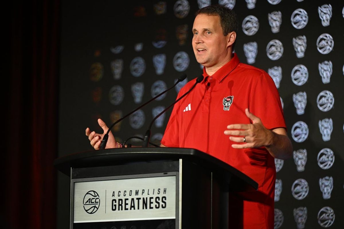 Oct 8, 2025; Charlotte, NC, USA; NC State head coach Will Wade answers questions from the media at The Hilton Charlotte Uptown. Mandatory Credit: William Howard-Imagn Images