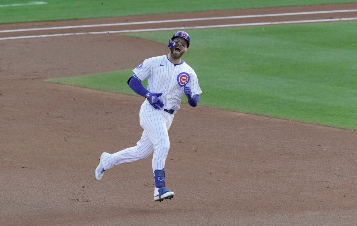Chicago Cubs first baseman Michael Busch (29) rounds the bases after hitting a solo home run during the first inning of their National League Division Series game against the Milwaukee Brewers Wednesday, October 8, 2025 at Wrigley Field in Chicago, Illinois.