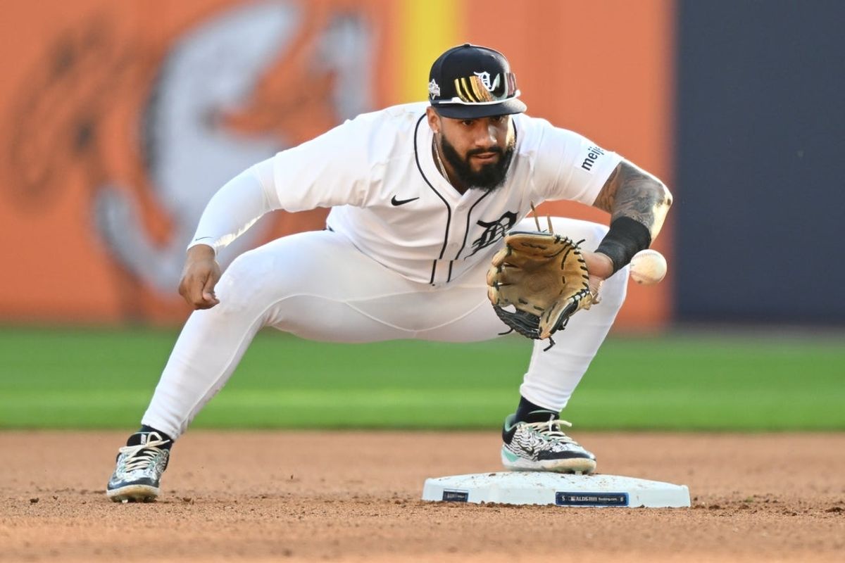 Oct 8, 2025; Detroit, Michigan, USA; Detroit Tigers second baseman Gleyber Torres (25) prepares to turn a double play against the Seattle Mariners in the eighth inning during game four of the ALDS round for the 2025 MLB playoffs at Comerica Park. Mandatory Credit: Lon Horwedel-Imagn Images