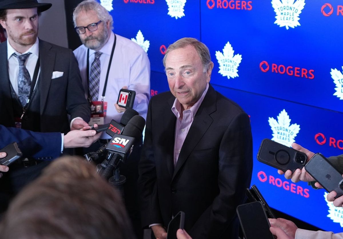 Oct 8, 2025; Toronto, Ontario, CAN; The Commissioner of the NHL Gary Bettman speaks to the media before a game between the Montreal Canadiens and the Toronto Maple Leafs at Scotiabank Arena. Mandatory Credit: Nick Turchiaro-Imagn Images